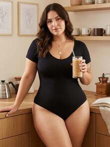 1pc Plus Size Women Seamless Shapewear, Tummy Control & Butt Lifting Bodysuit, Short Sleeve One-Piece Summer Outfit - Black - View 8