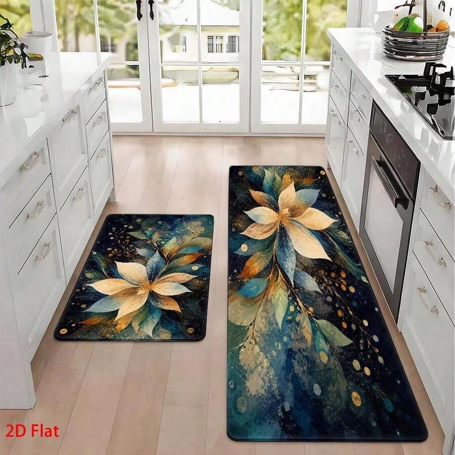 Modern Style Golden Blue Floral Kitchen Doormat, For Bathroom, Balcony, Corridor, Porch. Essential For Home, Quick-Drying, Entrance Rug, Bath Mat, Bedside Rug, Entryway Rug, Non-Slip And Dust-Absorbing Foot Mat - 彩色 - 查看 1