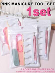 6pcs Pink Manicure & Pedicure Tool Set, Includes Nail File, Sponge Polishing Strip, Nail Brush, Dead Skin Trimmer, Wooden Stick And Foam Toe Separator, Portable Home Use, With Laser Gold Texture Packaging Storage Bag, DIY Nail Care Set - Black - View 9