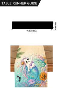 1件夏季亞麻桌旗，米色熱帶長方形桌布，印有可愛幽靈女巫南瓜棕櫚葉圖案，縫邊餐桌桌旗，適用廚房裝飾、家居裝飾、房間裝飾、婚禮裝飾、季節慶典 - 彩色 - 查看 12
