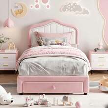 Gaderth Twin Size Bed Frame,Velvet Upholstered Platform Bed Frame,Kids Twin Bed Frame With Headboard,Full Size Bed With Drawer,No Box Spring Needed - TWIN Pink - View 1