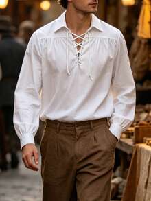WAIT HIM Men's Vintage Lace-Up Puff Sleeve Shirt, Renaissance Style Loose White Casual Top, Suitable For Cosplay And Daily Wear - White - View 4