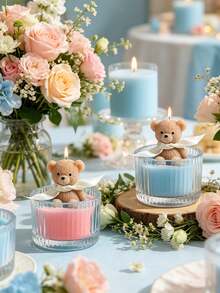 1pc Teddy Bear Candle With Ribbon | Birthday Decoration, Baby Shower Decoration, Gender Reveal Party Decoration, Fragrance Home Decor, Unique Birthday Gift For Girl/Teenagers, Cute Bridal Shower And Holiday Gift (Blue/Pink/White/Purple) - Multicolor - View 2