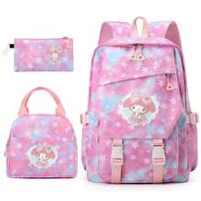 Miniso 粉藍漸層星星蕾絲框蝴蝶結 My Melody 印花後背包三件組，含手提包與鉛筆袋，適用學校、旅行、露營與日常通勤 - 粉色 - 查看 4