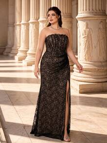 Mgiacy Plus Size Women's Elegant Black Hollow Lace Strapless High Slit Fitted Mermaid Long Dress Fall Wedding Party - Black - View 4