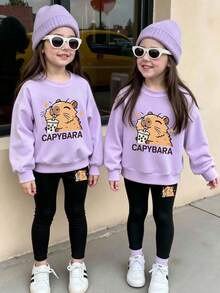 Baby Girl Cartoon Capybara Print Crew Neck Long Sleeve Top And Fitted Long Pants - Purple - View 1