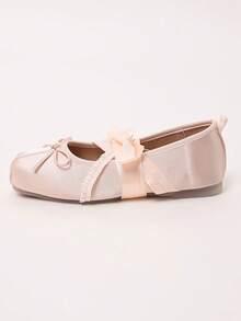 Pink Satin Bow Flat Ballet Shoes For Women, Square Toe Lace Cross Strap Gentle Style Daily Low Vamp Pumps - Pink - View 3