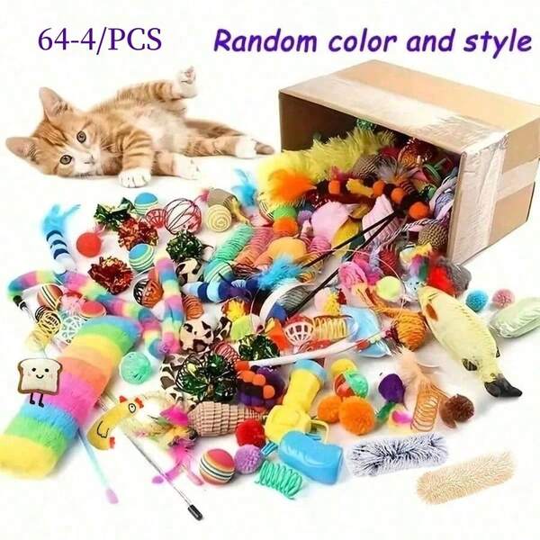 64 pezzi/48 pezzi/32 pezzi/16 pezzi Set di giocattoli misti per gatti - Giocattoli in plastica colorati assortiti, adatti per più gatti, li tengono intrattenuti quotidianamente, prevengono la solitudine, varietà di regali di giocattoli per gatti, giocattoli per stuzzicare i gatti