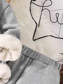 Baby Boy Cartoon Print Warm Crew Neck Long Sleeve Top And Pants Set - Grey - View 5