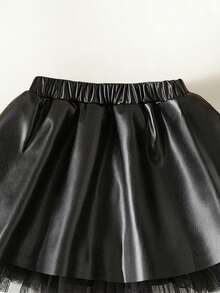 Rok Mini A-Line Dua Lapis Motif Jala Patchwork Gaya Musim Gugur yang Manis & Keren untuk Anak Perempuan - Hitam - View 3
