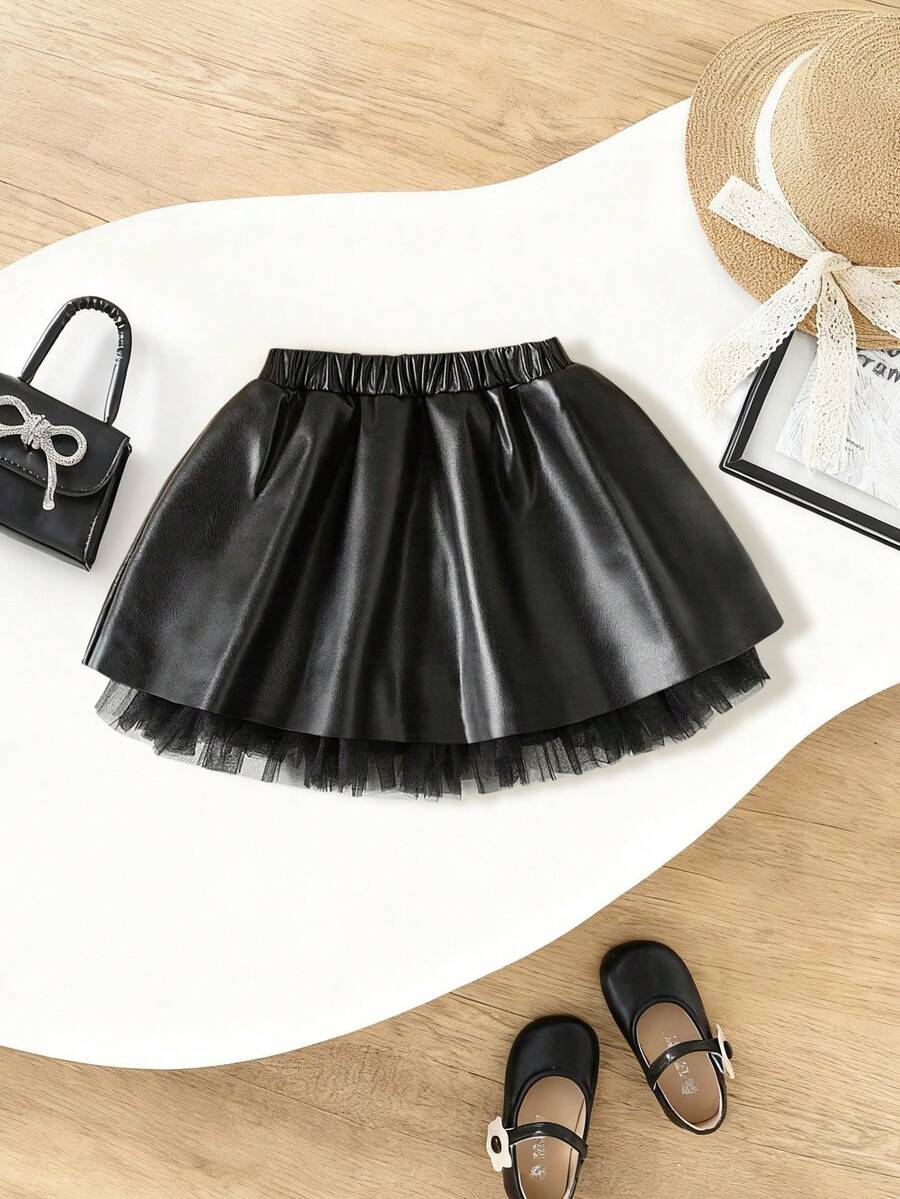 Rok Mini A-Line Dua Lapis Motif Jala Patchwork Gaya Musim Gugur yang Manis & Keren untuk Anak Perempuan - Hitam - View 1