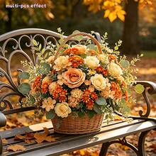 34pcs Artificial Autumn Warm Orange Flower Bouquet | Rose + Daisy + Apple Leaf Mixed Arrangement-No Maintenance, Indoor/Outdoor Shrub Decoration, Wedding, Thanksgiving, Harvest Festival, Housewarming Party, Anniversary And Other Autumn/Winter Holiday Centerpiece - Multicolor - View 2