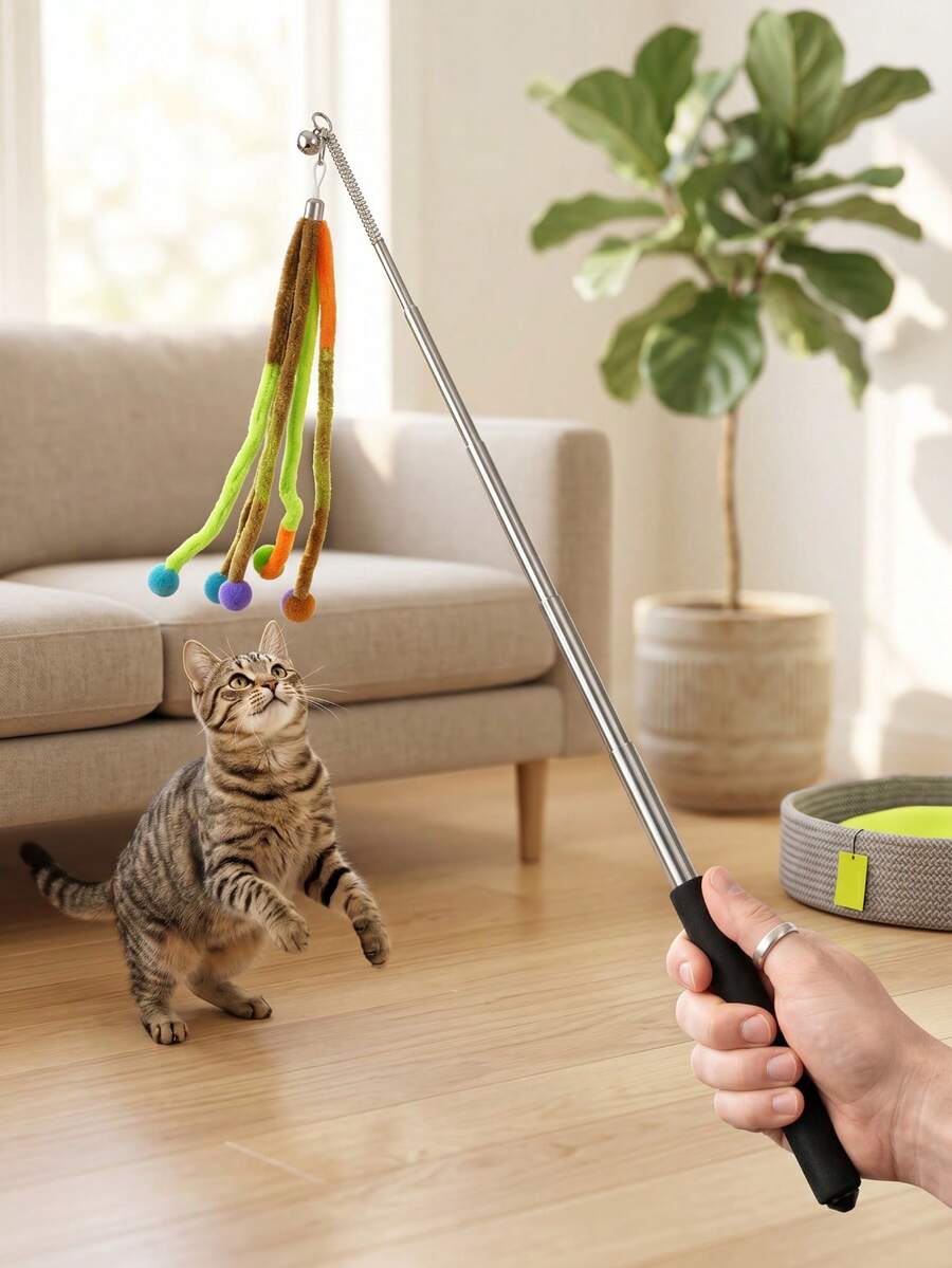 1pc Cat Teaser Wand With Bell Replaceable Hanging Tassel Pom-Pom Refill Indoor Cat Exercise Toy To Relieve Boredom & Stop Furniture Scratching Pet Supplies - Multicolor - View 1