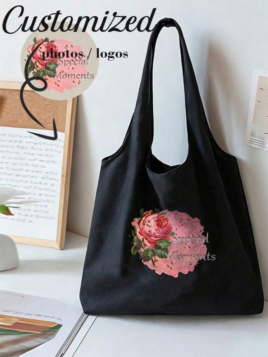 女士纯色手提包,大容量,礼品,DIY,生日礼物,旅行,上学,万圣节,圣诞节,可定制照片,可定制名字,适合旅行,旅行必备,女士托特包,新年饰品 - 黑色 - 查看 1