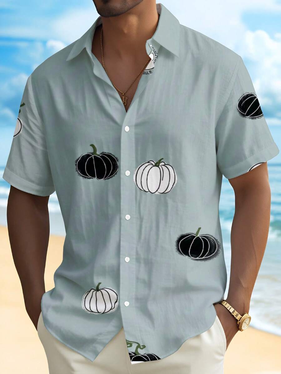 Men's Short Sleeve Hawaiian Casual Shirt Halloween Costume Pumpkin Black White Pattern Print Graphic Print, Party Holiday Wear - 彩色 - 查看 1