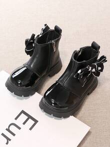 Girls' Polka Dot Bow Chelsea Ankle Boots, Shiny Patchwork Elastic Fabric Side Zipper Thick Sole Princess Boots - Black - View 5