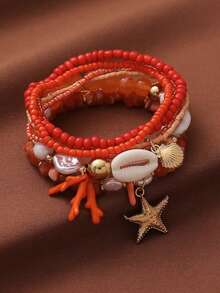 7pcs/Set Bohemian Beach Vacation Style Shell, Starfish And Bead Elastic Bracelet Set, Suitable For Vacation And Daily Wear (Handmade Beads, Bead Quantity And Order Position Random) - Starfish - View 2