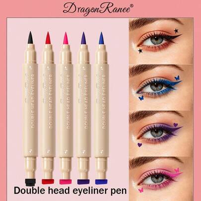 Dragon Ranee ปากกาเขียนขอบตาแบบสแตมป์สีสันสดใส ปลายคู่ แห้งเร็ว กันน้ำ กันเหงื่อ ติดทนนาน ไม่เลอะ ไม่ซีดจาง ปากกาแต่งหน้าสำหรับวันหยุด