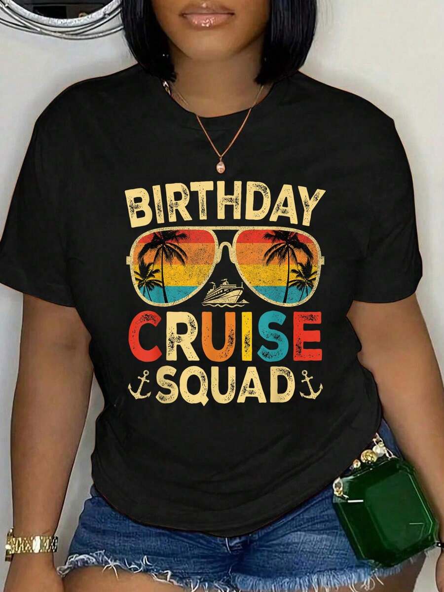 100% Cotton Birthday Cruise Squad Matching Birthday Cruising Vacation T-Shirt Women's Graphic Tee Black Tops Summer Tee Fashion Shirts - Black - View 1