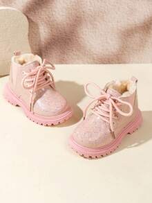 1 Pair Kids' Glossy Iridescent Ankle Boots With Side Zipper Dual Design, Dirt-Resistant Versatile Winter Boots For Kindergarten - Pink - View 3