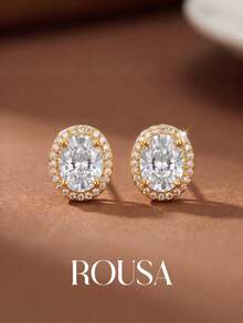 1 Pair Women's 925 Sterling Silver Exquisite Oval Stud Earrings, Sparkling Small Elegant Daily Decorative Jewelry - Oval - View 2