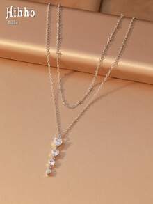 Hihho 1pc Bohemian Style Fashion Vintage Gold-Plated Double Layer Stacked Chain Vertical Heart Cubic Zirconia Necklace, Random Number Of Positioning Beads, Women's Commute Date Daily Wear Neck Accessory - Heart Necklace - View 3