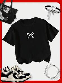 Unisex Bow Graphic Short Sleeve Tee Summer Tops Women - Black - View 1