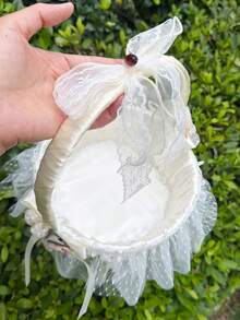 1 pieza Cesta de niña de las flores de satén color marfil, cesta de mano para boda con lazo floral de encaje, tul y perlas falsas para ceremonia, esparcir pétalos y decoración de fiesta - Ver 7