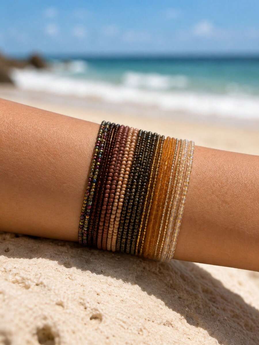 20pcs Vintage Fashion Elegant Exquisite Colorful Rice Bead Multi-Layer Beaded Bracelet Set, Suitable For Girls Daily Casual, Travel, Banquet, Music Festival, Party, Beach Vacation Outfit, Holiday Gift - Multicolor - View 1