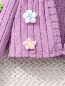Girls Sweet Lady Style Purple Ribbed 3 Pieces Set: Colorful 3D Floral Decor Short Long Sleeve Cardigan + Solid Color Camisole + Elastic Waist Flared Pants, Daily Outfit For Little Girls - Mauve Purple - View 6