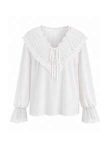 Women's Lace Patchwork Long Sleeve Blouse White - White - View 8