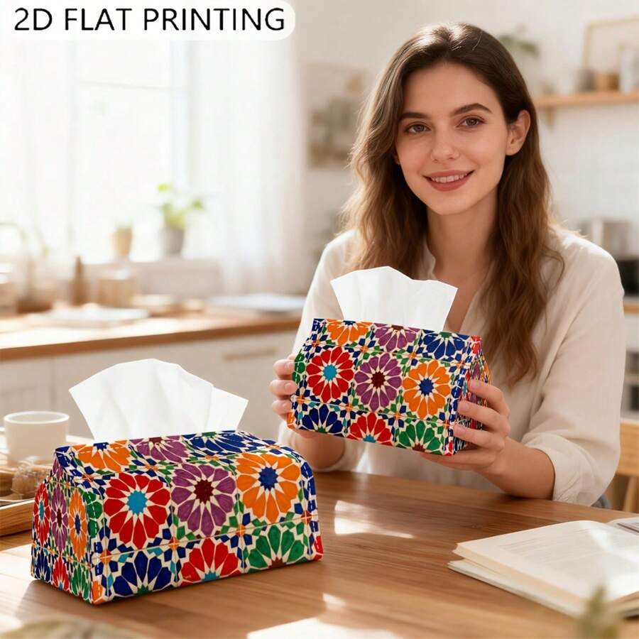 1pc 2D Flat Print Tissue Box, Moroccan Tile Geometric Pattern, Tissue Storage Box, Rectangular Tissue Box, Suitable For High-End Tissue Storage, Car Tissue Box Cover, Home Decor - Multicolor - View 1