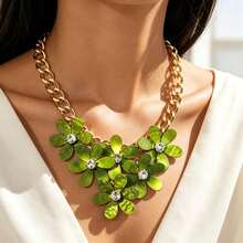 1pcCluster Flower Statement Necklace, Retro Casual  Look, Daily Holiday Styling, Rhinestone Floral Collar Ornament - 深藍毛衣鏈 - 查看 7