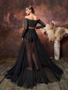 Faeriesty 2pcs Maternity Dress Set, Including Off-Shoulder Lace Top And Sheer Skirt With High Slit Black - Black - View 2