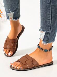 Ximi Ruo Korean Style Casual Flat Slide Sandals For Women, Open Toe Woven Roman Sandals, Spring Summer New Fashion French Style Brown Flat Slippers For Beach, Apartment, Outdoor Wear, Matching With Skirts - Brown - View 6