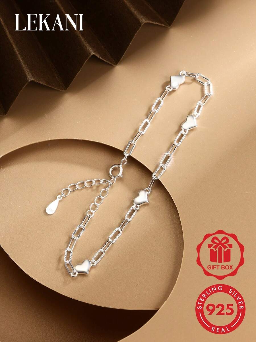 LEKANI 1件 S925 純銀手鍊,時尚愛心設計,極簡小眾風格,送給好友、自己、母親的禮物,女性珠寶飾品,鍍金純銀珠寶,精緻日常禮物 - 銀色 - 查看 1