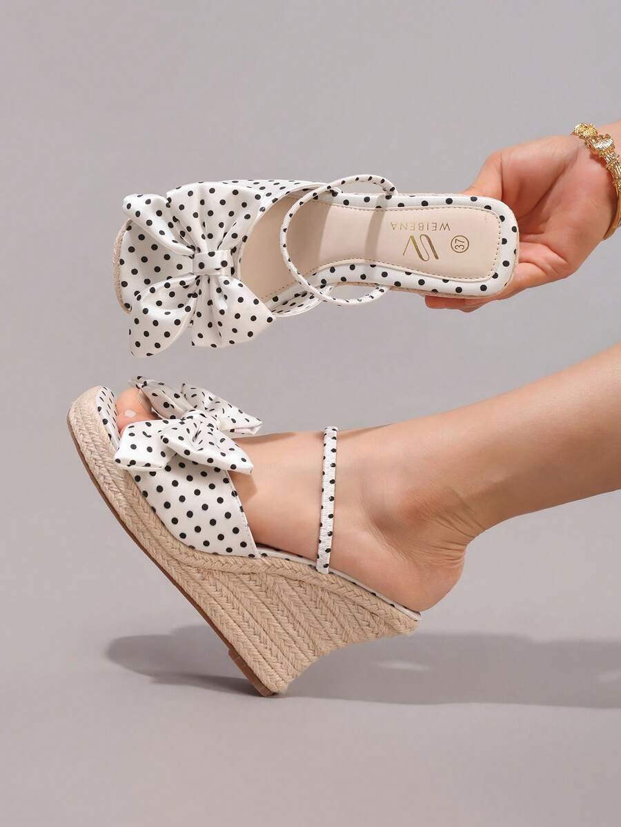 Fashionable Rope Wedge Platform Sandals With Polka Dot Pattern, Open Toe, High Heel Slides, Summer Vacation Casual Chunky Heel High Heels For Women