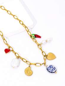 1 pièce Collier en acier inoxydable doré charmant avec pendentif en fausse perle, tulipe, cœur, coquillage, convient pour le port quotidien des femmes, la plage d'été, les vacances, les fêtes - Or jaune - Voir 3