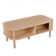 Couchtisch aus hellem Holz, 110*55*45 cm, aus MDF, Wohnzimmertisch mit Rolltür, offenen Fächern zur Aufbewahrung, Tragfähigkeit bis zu 60 kg, skandinavischer Couchtisch, Beistelltisch neben dem Sofa, Couchtisch. - Natürliche Farbe - Übersicht 1