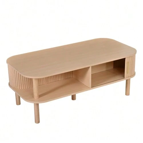 Couchtisch aus hellem Holz, 110*55*45 cm, aus MDF, Wohnzimmertisch mit Rolltür, offenen Fächern zur Aufbewahrung, Tragfähigkeit bis zu 60 kg, skandinavischer Couchtisch, Beistelltisch neben dem Sofa, Couchtisch. - Natürliche Farbe - Übersicht 1