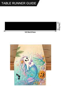 1件夏季亞麻桌旗，米色熱帶長方形桌布，印有可愛幽靈女巫南瓜棕櫚葉圖案，縫邊餐桌桌旗，適用廚房裝飾、家居裝飾、房間裝飾、婚禮裝飾、季節慶典 - 彩色 - 查看 14