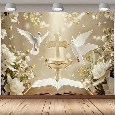 1Pc 2D Elegant First Communion Backdrop Printed With Cross And Golden Chalice Patterns. Perfect For First Communion, Baptism And Birthday Parties, Easy To Hang And Durable. Versatile Decor For Living Room Or Garden. Garden Decor Outdoor