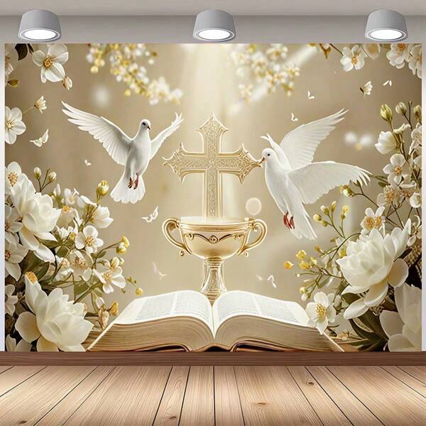 1Pc 2D Elegant First Communion Backdrop Printed With Cross And Golden Chalice Patterns. Perfect For First Communion, Baptism And Birthday Parties, Easy To Hang And Durable. Versatile Decor For Living Room Or Garden. Garden Decor Outdoor