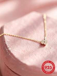 1pc S925 Sterling Silver Mini Four-Leaf Clover Full Rhinestone Collarbone Necklace, Simple Luxury Elegant Elegant Artistic Cool Delicate Personalized Mori Style Fresh Niche Lucky Clover Adjustable Versatile High-End Neck Jewelry Casual Daily Matching Sweet Fashion Accessory Gift - Four-leaf Clover - View 4
