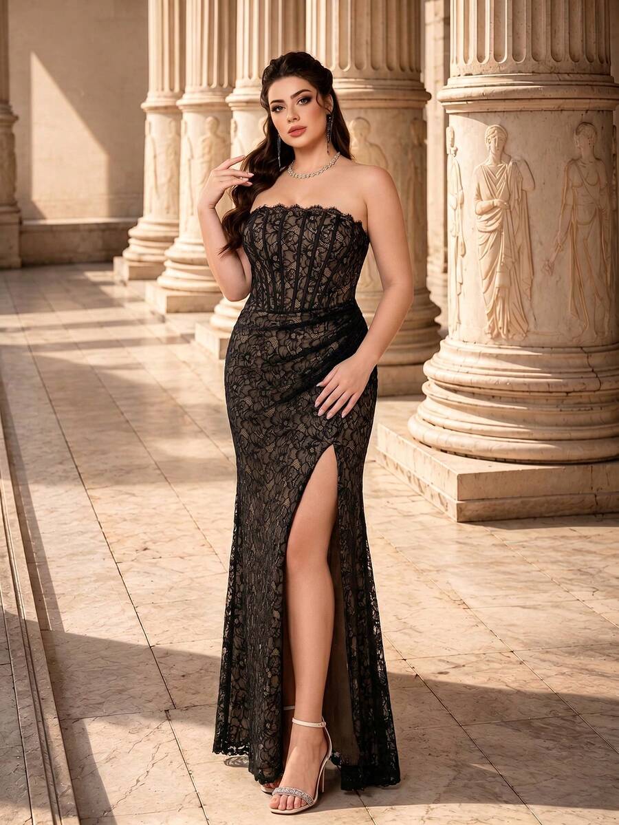 Mgiacy Plus Size Women's Elegant Black Hollow Lace Strapless High Slit Fitted Mermaid Long Dress Fall Wedding Party - Black - View 1