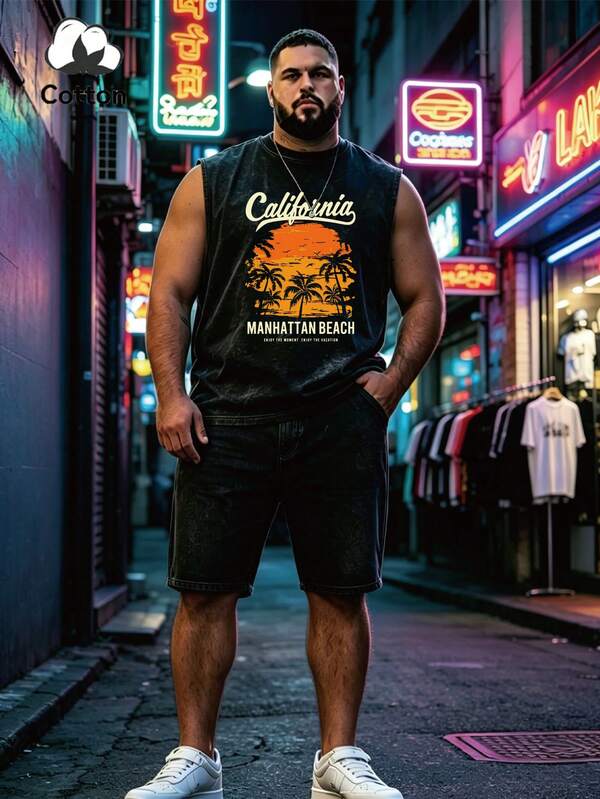 Men's Plus Size New Black Washed T-Shirt Short Sleeve Set, Cotton Short Sleeve, Street Style Premium Fun Graphic Print Sunset, Coconut Tree, CALITOINIA, Beach, Bird, Ocean, Sunset, Versatile Y2K Style, Suitable For Daily Wear