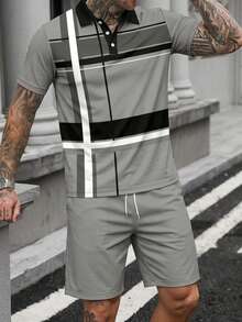 Men's Business/Casual Striped Short Sleeve Polo Shirt And Shorts Set - Light Grey - View 3