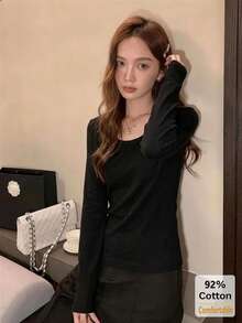 Women's Autumn Long Sleeve T-Shirt, Versatile Black Deep U-Neck Top, Slimming Solid Color Inner Layer Base Shirt Casual - Black - View 2