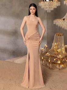 ALISA&LEO Teen Girl Zipper Vest-Style Knotted Waist Long Dress, Front Slit Design, Mermaid Tail Cut, Suitable For Formal Occasions Like Prom, Party, Pageant - Khaki - View 2