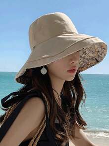 1件女款雙面印花寬簷水桶帽，夏季防紫外線全方位遮陽帽，附防風繩，適合海灘度假 - 彩色 - 查看 1